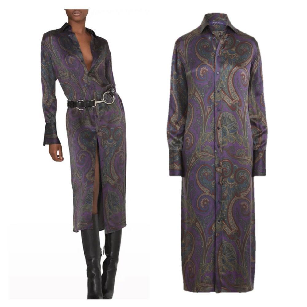 Ralph Lauren Collection Purple Label Maxi Shirt Dress Paisley Button Up Silk 6 S
